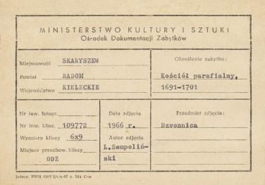Kościół parafialny - dzwonnica, widok ogólny - metryczka, skan 1