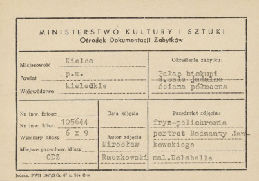 Pałac biskupów - wnętrze, d. sala jadalna, ściana północna, fryz - polichromia, portret Bodzanty Jankowskiego - metryczka, skan 1