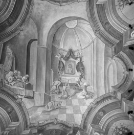 kościół Franciszkanów - nawa boczna, polichromia sklepienia "Modlitwa wiernych przed cudownym obrazem" autor St. Stroiński, skan 1