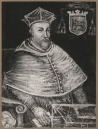 Pałac biskupów - wnętrze, d. sala jadalna, ściana południowa, fryz - polichromia, portret biskupa Bernarda Maciejowskiego, skan 1