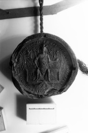 Archiwum Państwowe w Poznaniu - pieczęć Kazimierza III Wielkiego. Pieczęć majestatyczna na jedwabnym, zielonym sznurze w nowoczesnej, drewnianej kapsie., skan 1