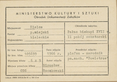 Pałac biskupów - wnętrze , II pokój senatorski , fragment plafonu - metryczka, skan 1