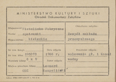 Zespół XIX w. zakładu przemysłowego - budynek walcowni, widok fragmentu ruin i kanału wodnego - metryczka

, skan 1