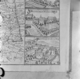 Założenie pałacowe. Rycina z "Topografii Śląska" autorstwa Friedricha Bernharda Wernera. , skan 1