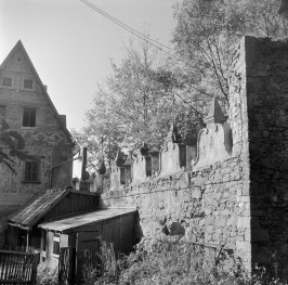 zamek Grodno - zamek średni - widok na fragment muru kurtynowego z attykami, skan 1