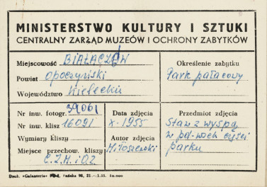 Zespół pałacowo - parkowy,  fragment parku - widok na staw z wyspą - metryczka, skan 1