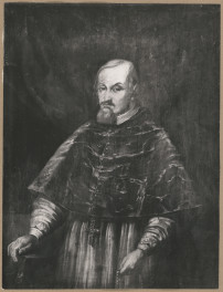 Pałac biskupów - wnętrze, d. sala jadalna, ściana północna, fryz - polichromia, portret bpa Piotra Gembickiego, skan 1