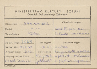 Kościół parafialny pw. św. Pawła - wnętrze, fragment stali, obraz na płycinie zaplecka - metryczka, skan 1