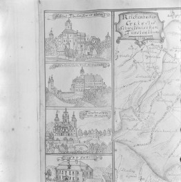 Zamek Książ. Rycina z "Topografii Śląska" autorstwa Friedricha Bernharda Wernera. , skan 1