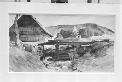 Muzeum Śląskie, obraz Fałat Julian, "Pejzaż z młynem", akwarela 320x965, skan 1