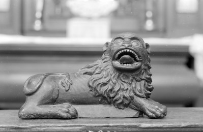 kościół, ob. pw. św. Piotra z Alkantary i św. Antoniego z Padwy - wnętrze: figurka lwa na balustradzie przy ołtarzu głównym, skan 1