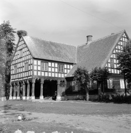 dom podcieniowy - widok ogólny, elewacja szachulcowa, skan 1