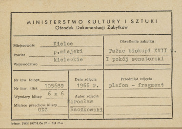Pałac biskupów - wnętrze , I pokój senatorski , plafon, fragment  sceny środkowej -
przyjęcie posłów - metryczka, skan 1