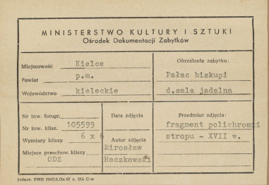 Pałac biskupów - wnętrze, d. sala jadalna, fragment polichromii stropu - metryczka, skan 1
