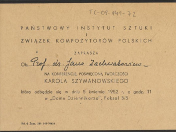 Zaproszenie dla ob. Jana Zachwatowicza na konferencję poświęconą twórczości Karola Szymanowskiego, skan 1