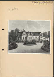 fotografia czarno-biała na karcie przedstawiająca widok pałacu w Warcie Bolesławieckiej od frontu, według publikacji: A. Duncker, „Die Landliche Wohnsitze…”, Tom III, skan 1