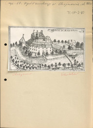 karta z opisem oraz fotografia przedstawiająca wg opisu "Ogród zamkowy w Chojnowie ok. 1750" reprodukcja z Werhner, ryc. 67, skan 1