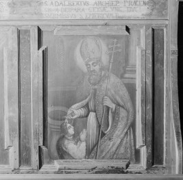 kościół pw. św. Jana Chrzciciela - wnętrze - prezbiterium - ściana północna - stalle - polichromia - św. bp. Adalbertus /św. Wojciech/, skan 1