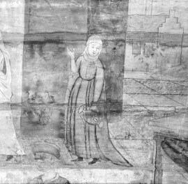 kościół pw. św. Elżbiety Węgierskiej - wnętrze - prezbiterium - ściana północna - polichromia - Uczta w Kanie Galilejskiej - fragment, skan 1