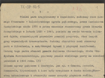 materiał roboczy, tekst do publikacji "Ogrody Polskie" (wyd. 1954) do podrozdziału „Zbieractwo botaniczne”, dotyczący założenia w Rogalinie, skan 1