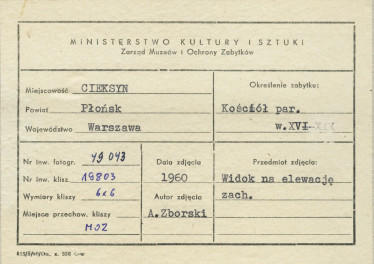 Kościół parafialny - elewacja zach.,  widok od strony płn. - zach. - metryczka, skan 1
