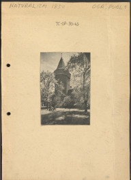 wycinek na karcie z nn.wydawnictwa przedstawia fragment Plant w Krakowie z widokiem na Basztę Pasamoników; dopisek: „Naturalizm 1850 Ogr. Publ.”, skan 1