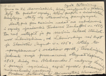 krótka notatka na temat zakładania pierwszych ogrodów botanicznych w Warszawie (Ujazdów, Marymont), skan 1
