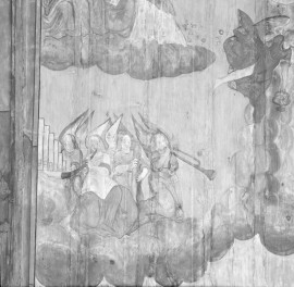 kościół pw. św. Elżbiety Węgierskiej - wnętrze - prezbiterium - strop - polichromia -  Wniebowzięcie Najświętszej Marii Panny - fragment z Chórem Anielskim, skan 1