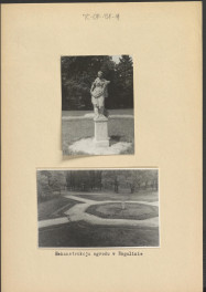 dwie fotografie czarno-białe na karcie przedstawiające rzeźbę oraz fragment ogrodu w Rogalinie, skan 1