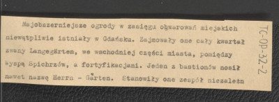 tekst, fragment karty, materiał roboczy opisujący ogrody miejskie w Gdańsku, skan 1