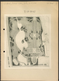 materiał roboczy do publikacji „Ogrody Polskie” (wyd. 1954): „Rys. 379. Projekt Parku w Guzowie 1911 r. (S. Celichowski)”, dopisek: „Staw, parter, oś, wyspa”, skan 1