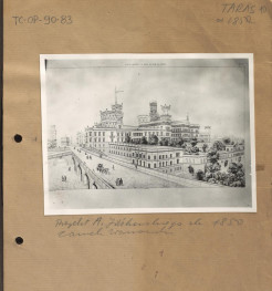 karta z opisem oraz czarno-biała fotografia przedstawiająca według opisu: „Taras, ok 1850, zamek warszawski"; projekt A. Idźkowskiego, Zamek Królewski” w Warszawie, widok od strony Wisły, skan 1