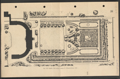 karta z wydrukiem przedstawiający wg opisu: „Ryc. 109. Rogalin. Plan ogrodu wg St. Miłoszewskiego, 1948 r.”, skan 1