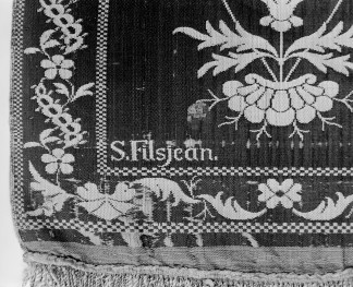 Muzeum Diecezjalne - zbiory - pas jedwabny czterostronny - Kobyłka /Szczepan Filsjean 1787 - 1794 rok/ - głowa i wciąża /fragment/ - sygnatura, skan 1