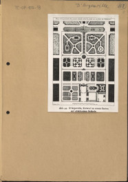 dwie fotografie czarno-białe na kartach, przedstawiające według opisu: „Ryc. 175. D’Argenville - teoretyczny plan ogrodu”. Ogólny układ dużego ogrodu, którego zbocze znajduje się naprzeciwko rezydencji, skan 2