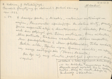 wypis z pracy Kabenza R., Kołodziejczyk J., Przewodnik florystyczny po okolicach i parkach Warszawy, Warszawa 1922, dotyczący opisu dawnego parku w Wierzbnie; druga strona krótko opisuje życie poety i kronikarza Mirona Costina, skan 1