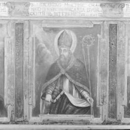 kościół pw. św. Jana Chrzciciela - wnętrze - prezbiterium - ściana północna - stalle - polichromia - św. bp. Gerardus, skan 1