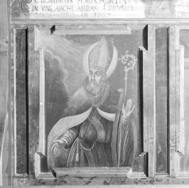 kościół pw. św. Jana Chrzciciela - wnętrze - prezbiterium - ściana północna - stalle - polichromia - św. bp. Bonifacius, skan 1