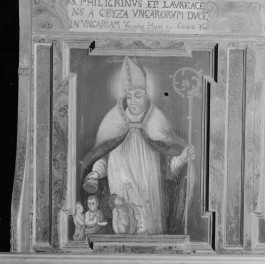 kościół pw. św. Jana Chrzciciela - wnętrze - prezbiterium - ściana południowa - stalle - polichromia - św. bp. Philigrinus, skan 1